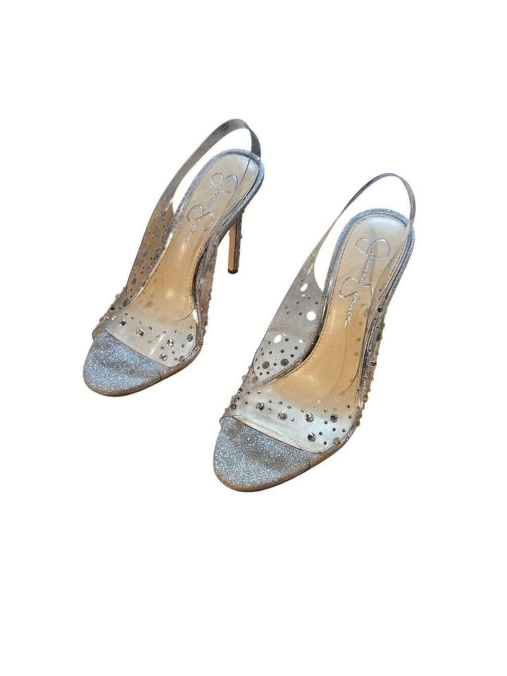 Jessica Simpson Silver Clear Glitter Slingback Heels Size 7 - Picture 2 of 14